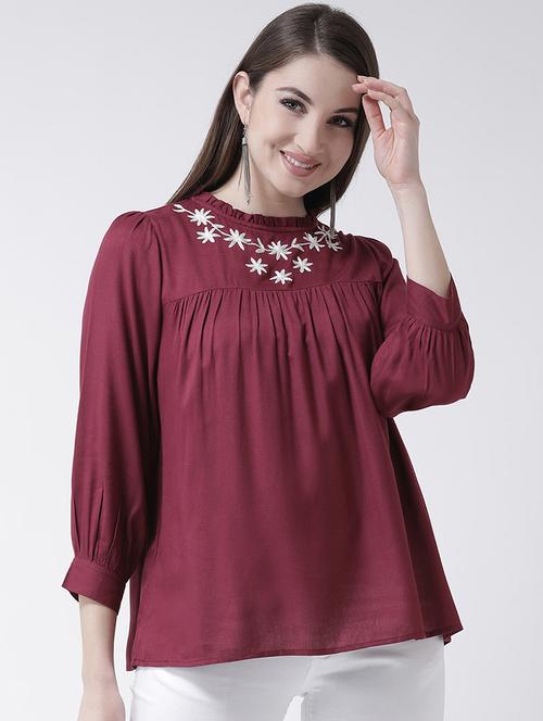frill trim embroidered gathered top - 15944601 - Standard Image - 1