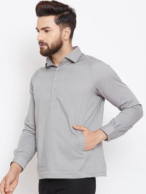 grey cotton short kurta - 15945657 - Standard Image - 2