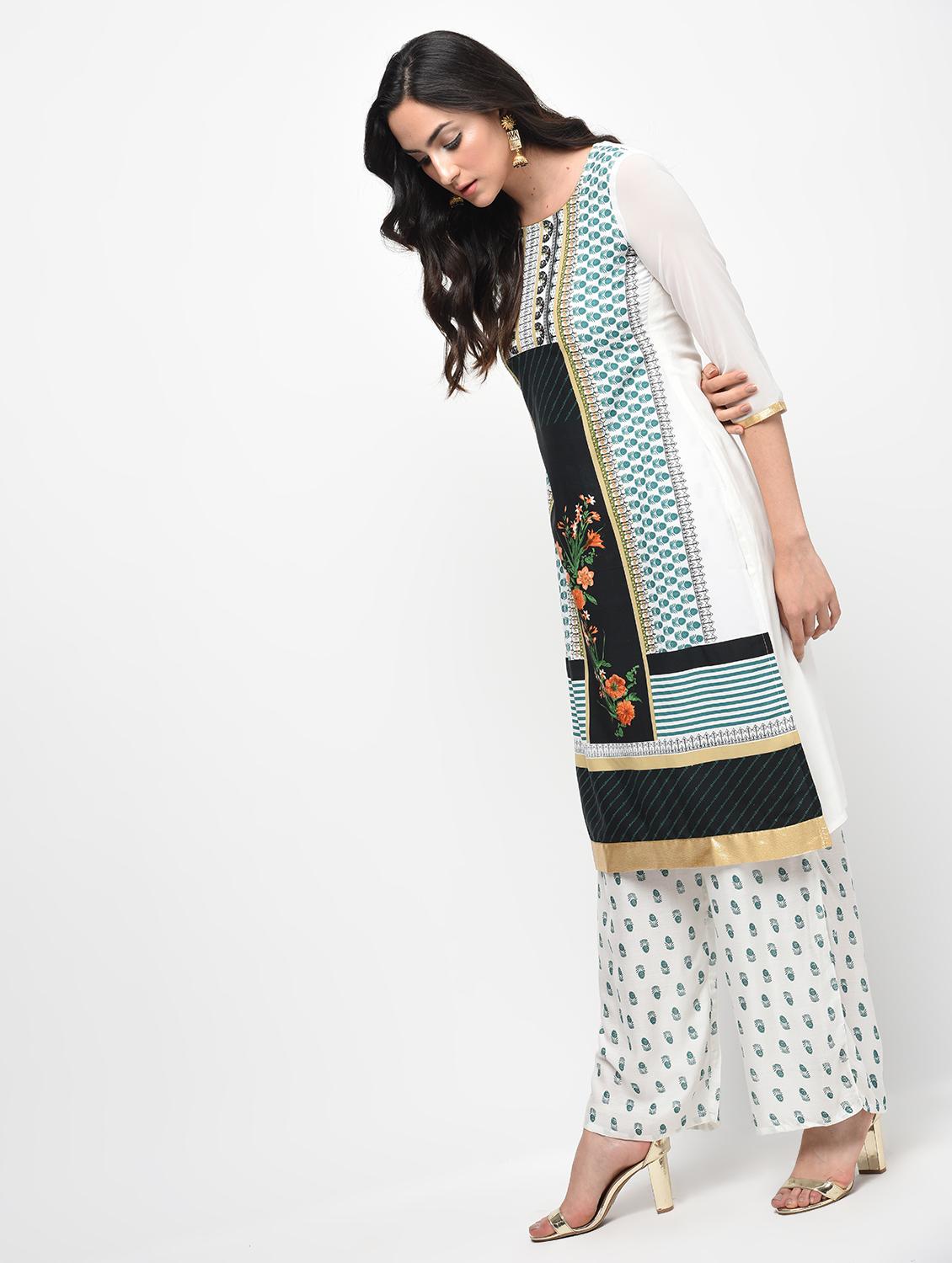Printed straight kurta with palazzo set - 15950721 - Zoom Image - 2
