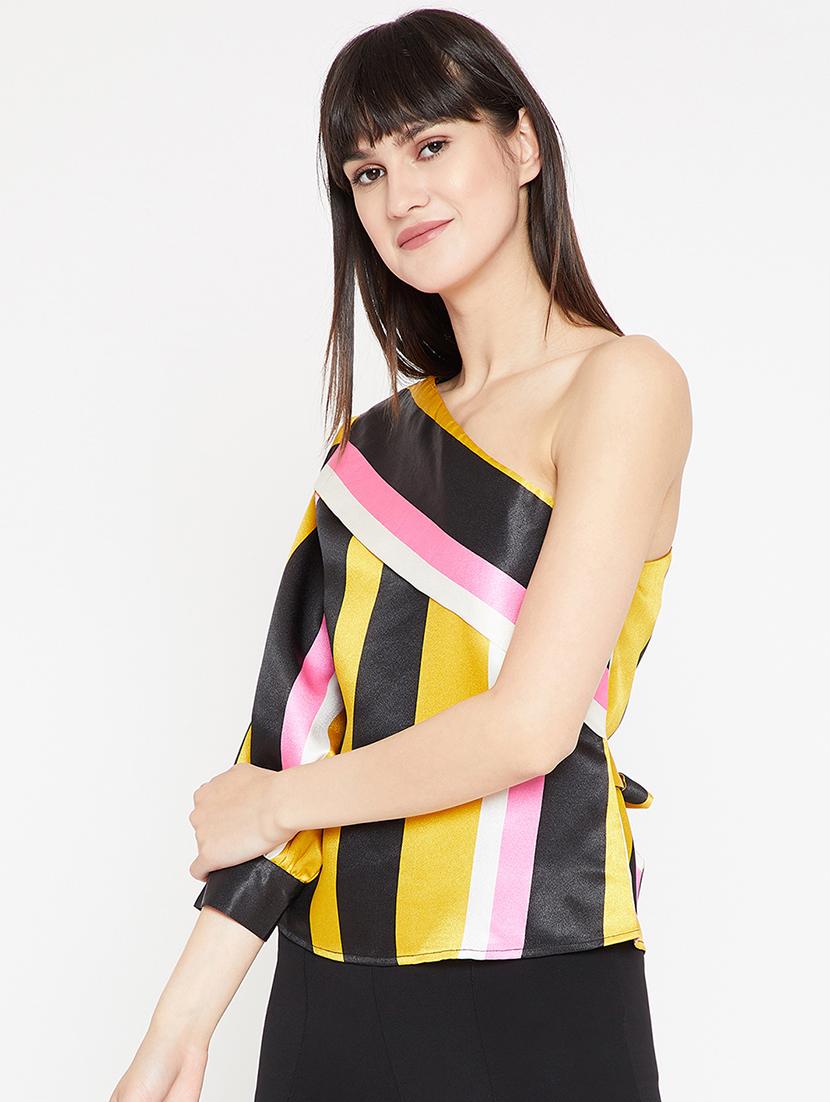 tie back striped single shoulder top - 15951629 - Zoom Image - 2