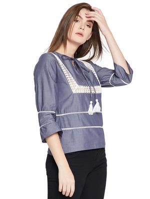 lace insert tie up neck top - 15951665 - Standard Image - 2
