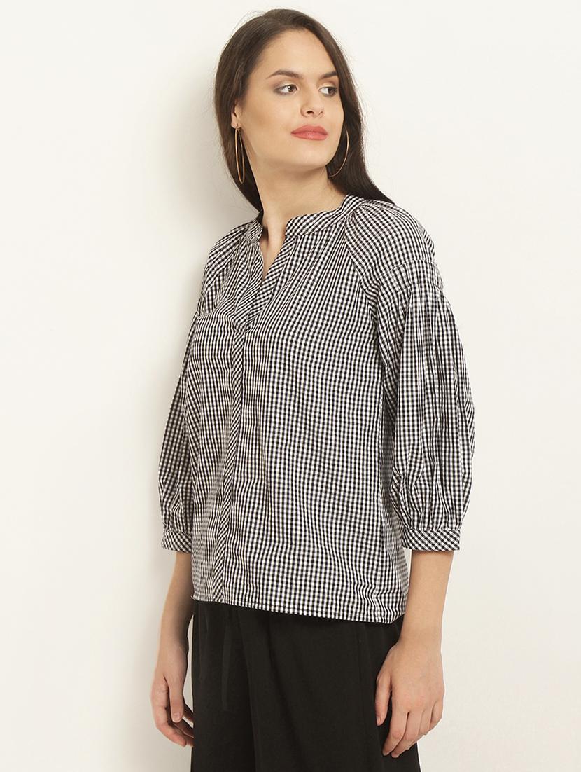 mandarin neck checkered top - 15951672 - Zoom Image - 2
