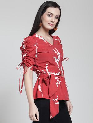 ruched sleeved tie up waist top - 15953248 - Standard Image - 2
