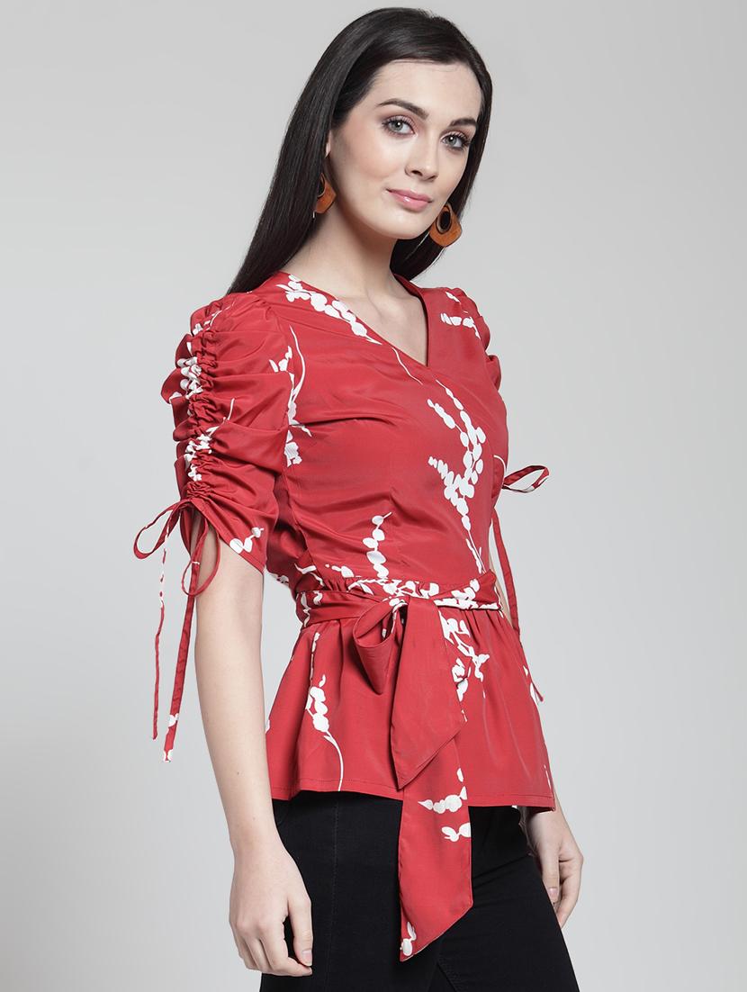 ruched sleeved tie up waist top - 15953248 - Zoom Image - 2