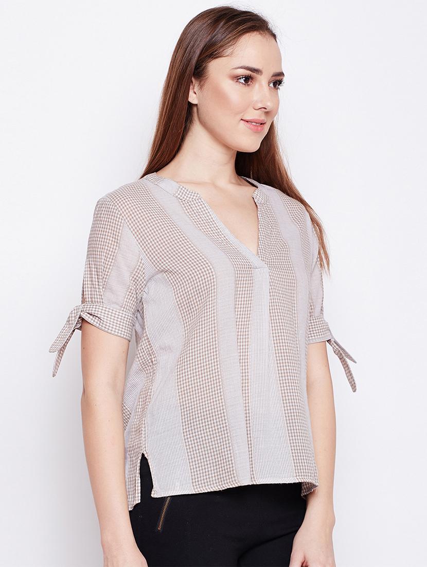 tie up checkered striped top - 15956984 - Zoom Image - 2