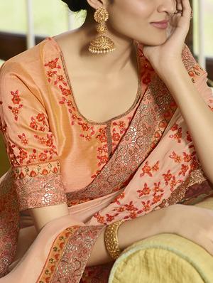 floral embroidered peach saree with blouse - 15964751 - Standard Image - 2