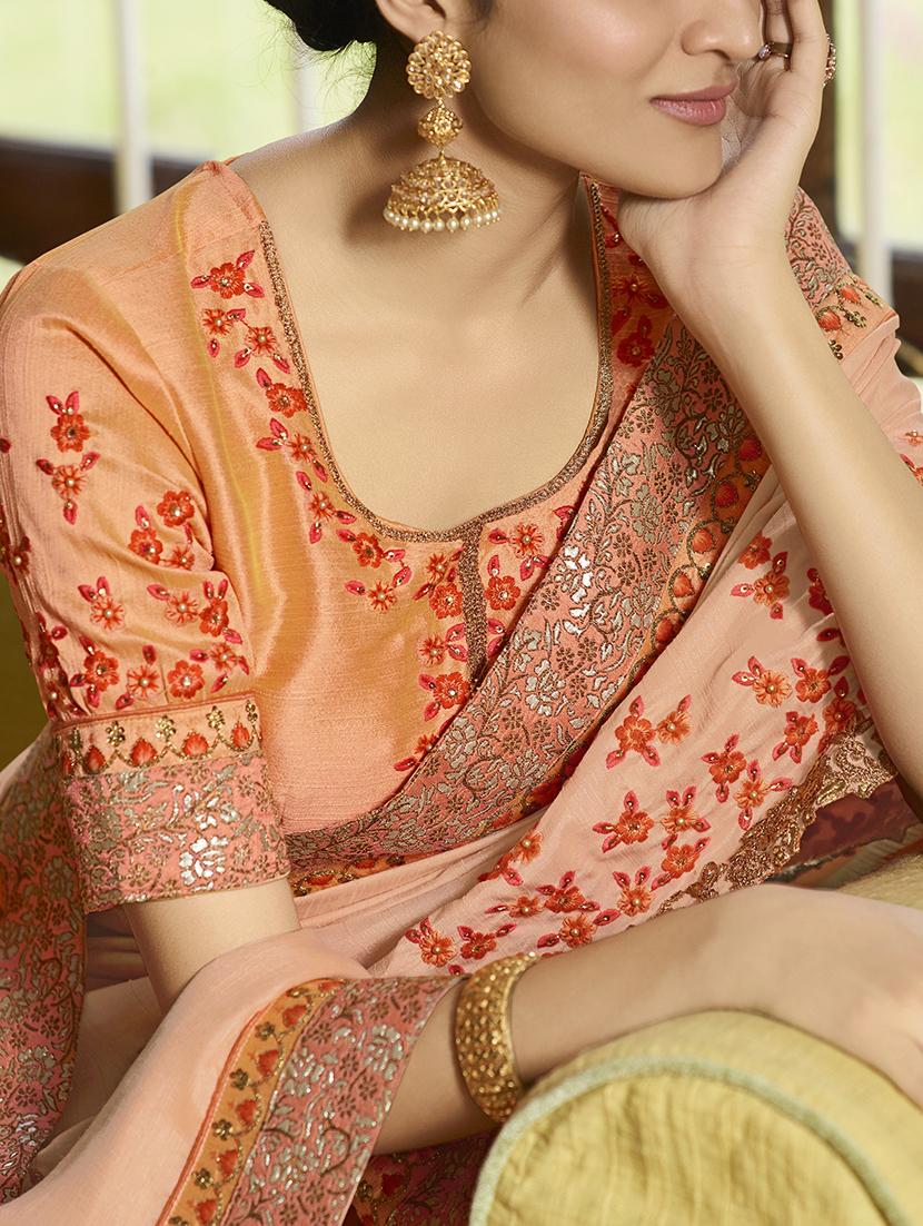 floral embroidered peach saree with blouse - 15964751 - Zoom Image - 2