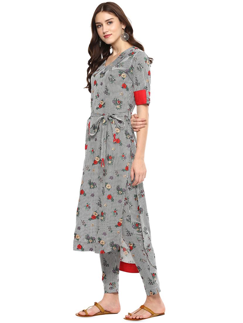 Stripes & floral high-low kurta with pant set - 15965382 - Zoom Image - 2