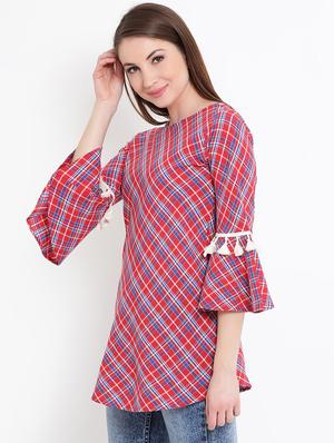 tasseled lace bell sleeved checkered tunic - 15966159 - Standard Image - 2