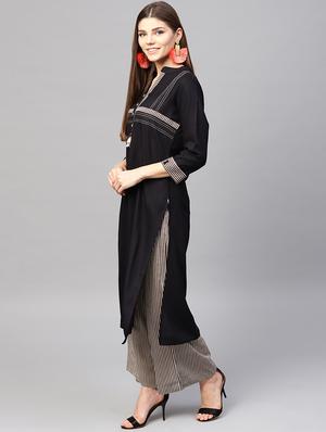 embroidered patch work kurta with stripes palazzo set - 15967584 - Standard Image - 2