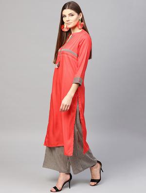embroidered patch work kurta with stripes palazzo set - 15967585 - Standard Image - 2