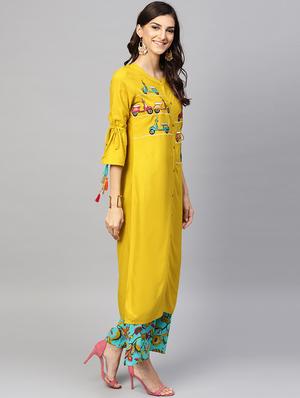 embroidered bell sleeved kurta palazzo set - 15967587 - Standard Image - 2