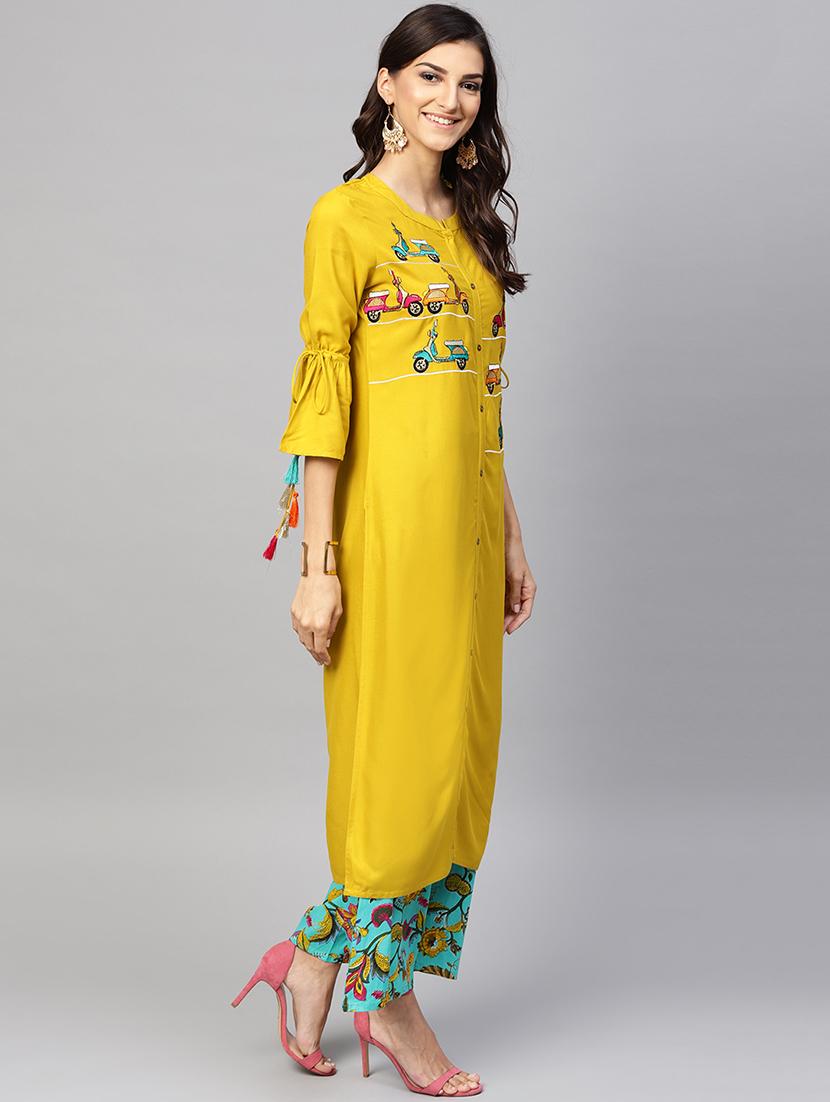 embroidered bell sleeved kurta palazzo set - 15967587 - Zoom Image - 2