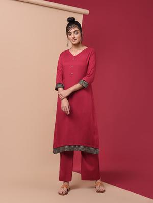 straight solid kurta palazzo set - 15969970 - Standard Image - 2