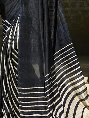 striped black printed saree with blouse - 15978354 - Standard Image - 2