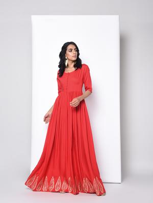 Flared solid ethnic dress - 15996695 - Standard Image - 2