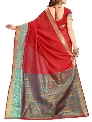 contrast zari border red woven saree with blouse - 15997139 - Standard Image - 2
