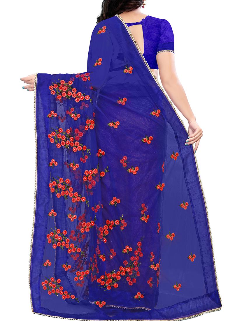 floral royal blue embroidered saree with blouse - 16003973 - Zoom Image - 2