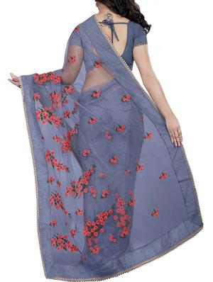 floral grey embroidered saree with blouse - 16003976 - Standard Image - 2