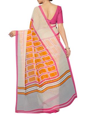 checkered yellow printed saree with blouse - 16005268 - Standard Image - 2