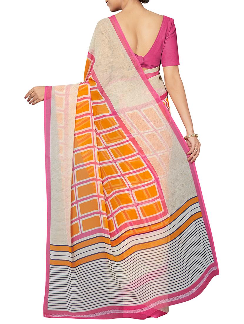 checkered yellow printed saree with blouse - 16005268 - Zoom Image - 2
