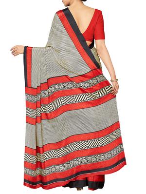 contrast border beige printed saree with blouse - 16005270 - Standard Image - 2