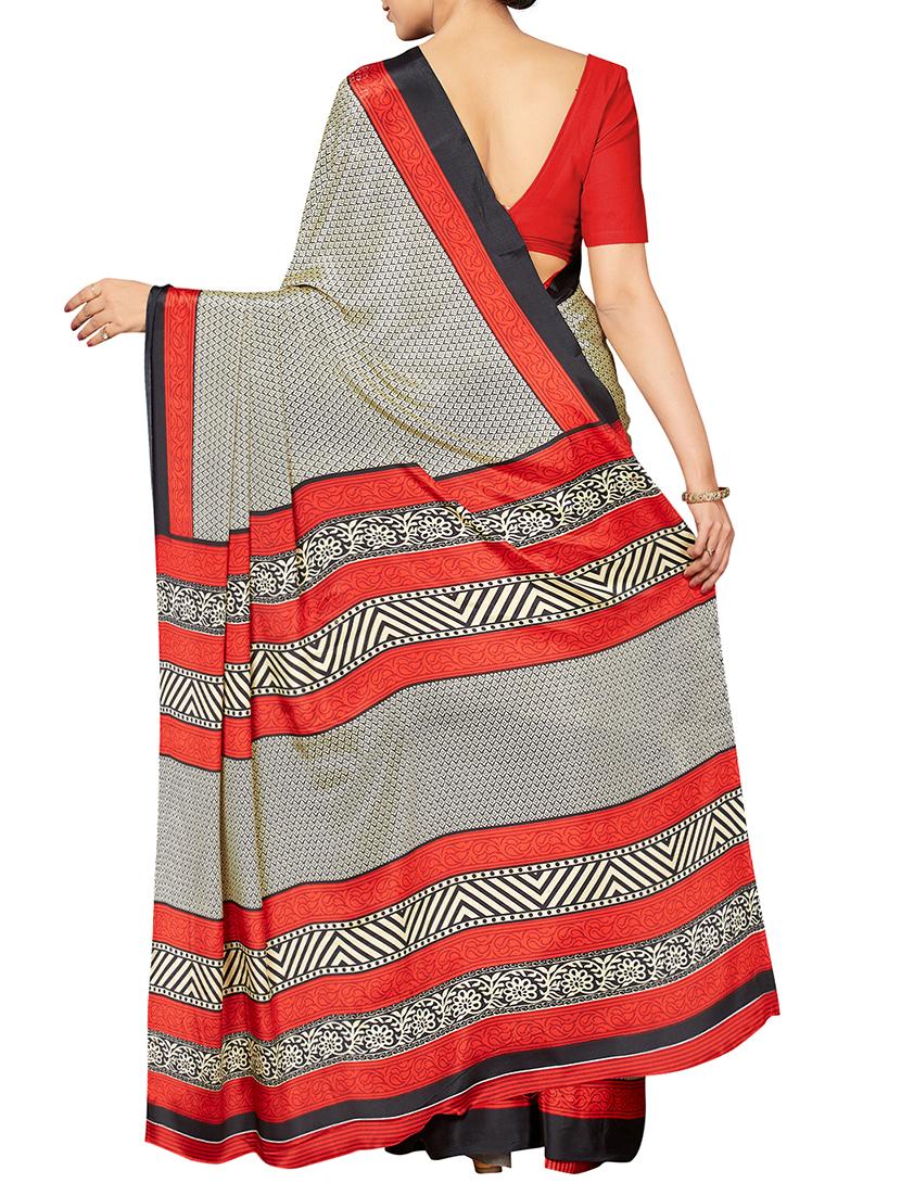 contrast border beige printed saree with blouse - 16005270 - Zoom Image - 2