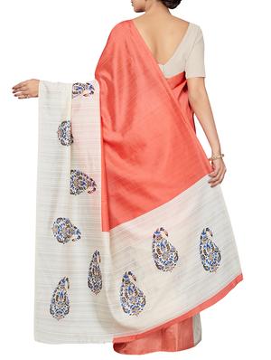 paisley border orange printed saree with blouse - 16005273 - Standard Image - 2