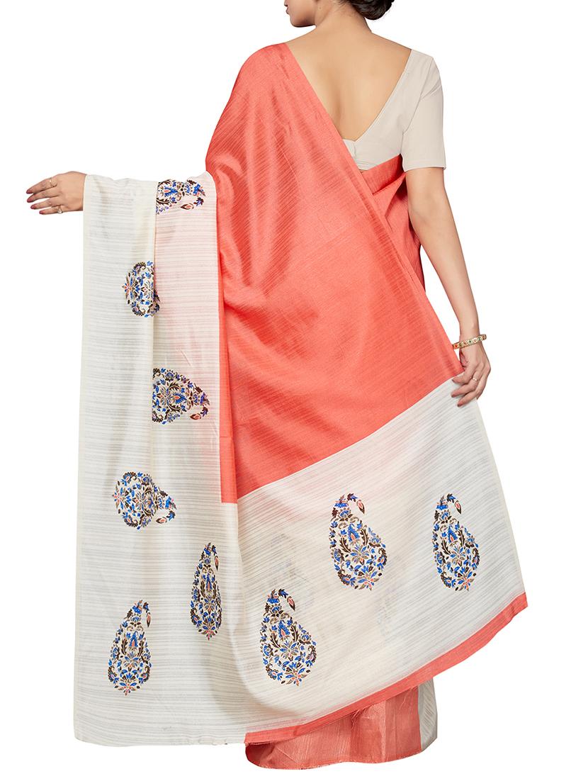 paisley border orange printed saree with blouse - 16005273 - Zoom Image - 2