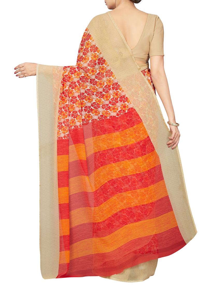 floral orange printed saree with blouse - 16005274 - Zoom Image - 2