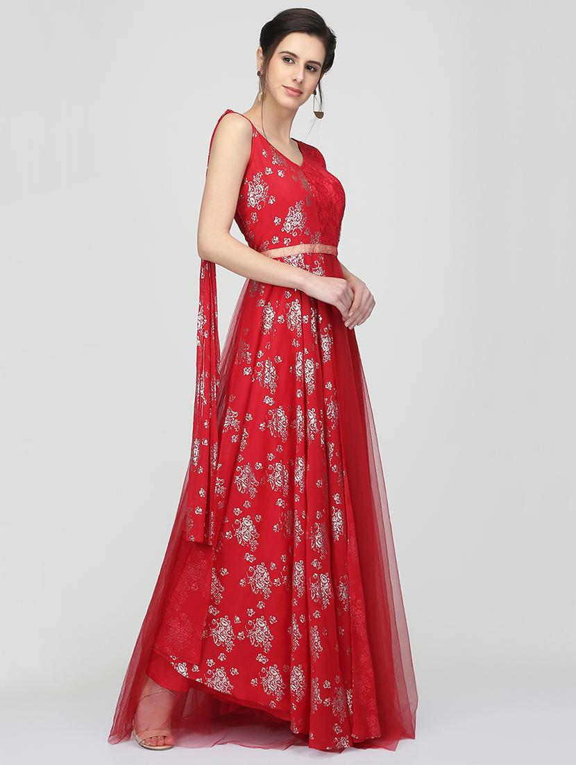 Foil print flared gown - 16007035 - Zoom Image - 2