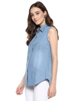 curved hem sleeveless denim shirt - 16009106 - Standard Image - 2