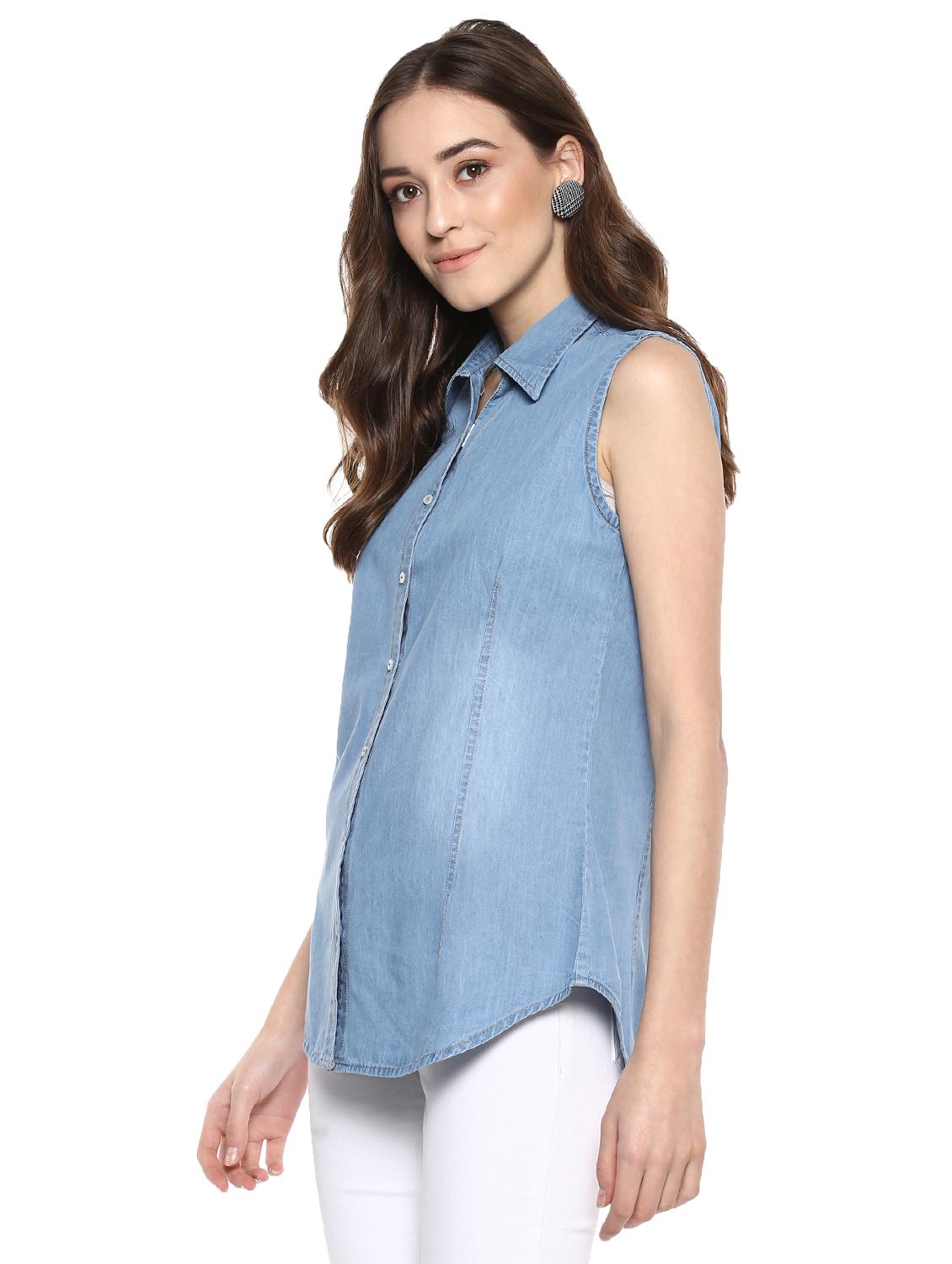 curved hem sleeveless denim shirt - 16009106 - Zoom Image - 2