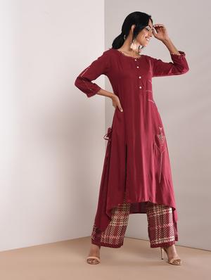 Kaantha asymmetric kurta palazzo set with tassels - 16011127 - Standard Image - 2