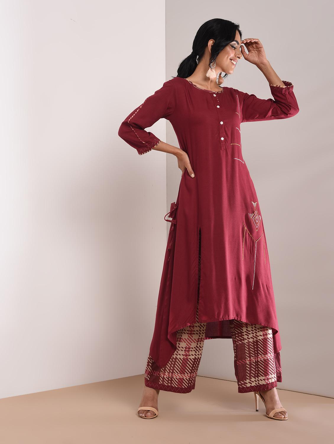 Kaantha asymmetric kurta palazzo set with tassels - 16011127 - Zoom Image - 2