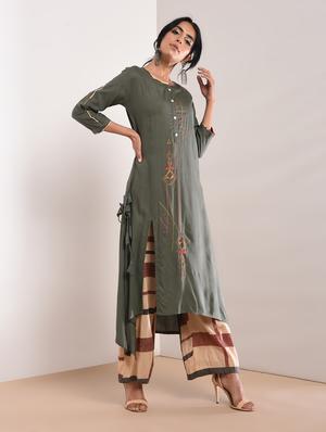 Kaantha asymmetric kurta palazzo set with tassels - 16011128 - Standard Image - 2