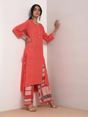 Kaantha asymmetric kurta palazzo set with tassels - 16011129 - Standard Image - 2