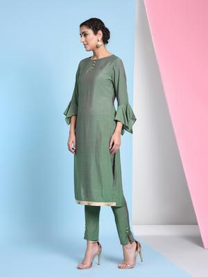 Bell sleeves solid kurta pant set - 16012147 - Standard Image - 2