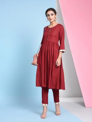 burgundy solid flared kurta - 16012449 - Standard Image - 2