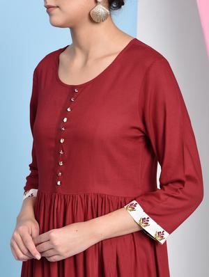 burgundy solid flared kurta - 16012449 - Standard Image - 5