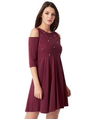 cold shoulder pearl embellished flared dress - 16013807 - Standard Image - 2
