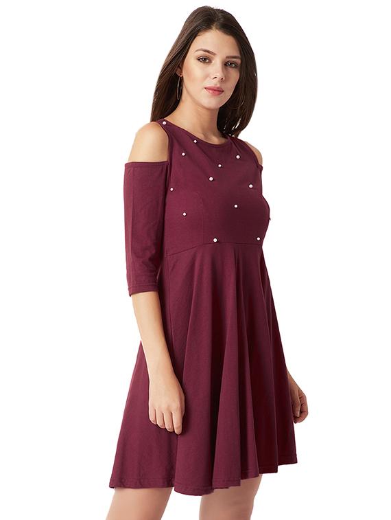 cold shoulder pearl embellished flared dress - 16013807 - Zoom Image - 2