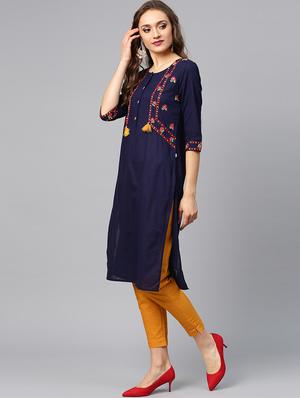 Indigo Embroidered Kurta With Solid Cigarette Pant - 16017160 - Standard Image - 2
