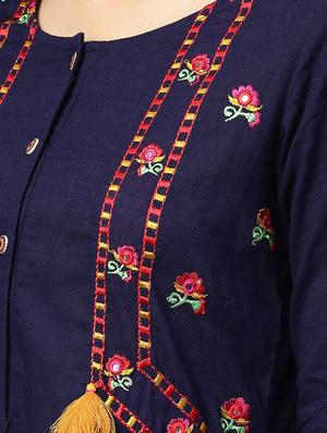 Indigo Embroidered Kurta With Solid Cigarette Pant - 16017160 - Standard Image - 5