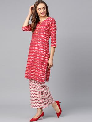 Ikat Print Straight Kurta With Ikat Print Wide-Leg Palazzo - 16017163 - Standard Image - 2