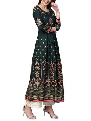 foil printed green rayon anarkali kurta - 16028775 - Standard Image - 2