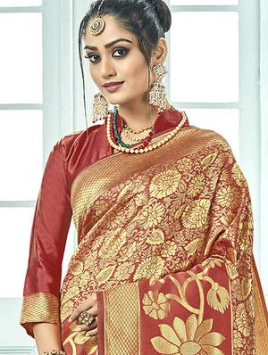 floral zari motif maroon kanjivaram saree with blouse - 16029391 - Standard Image - 2
