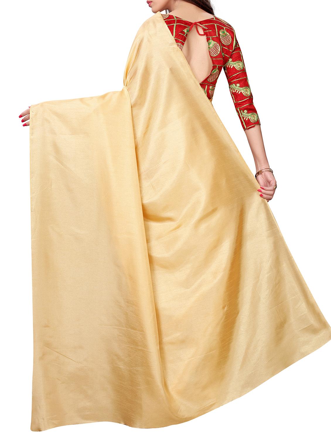 beige silk plain saree with blouse - 16046108 - Zoom Image - 2
