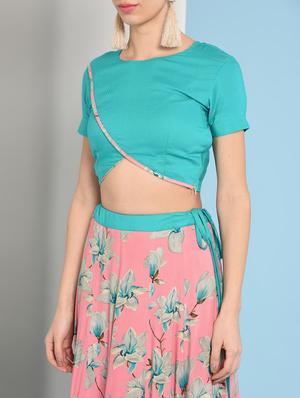 Contrast piping top with floral flared skirt set - 16049442 - Standard Image - 5