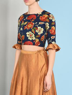 ruffled sleeved floral top with solid flared skirt - 16049447 - Standard Image - 5